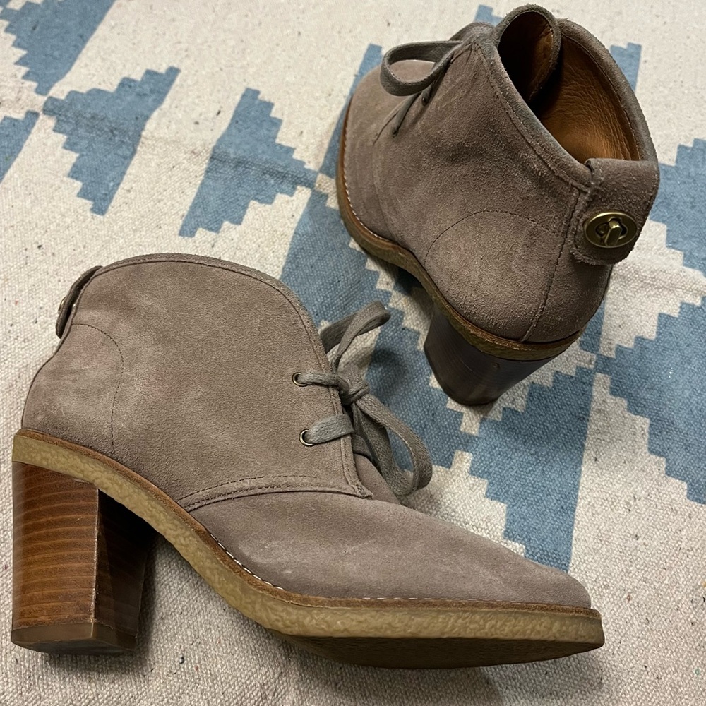 Coach Nikol Turnlock Suede Heeled Booties Grey Block Heel Boots Leather Lace Up